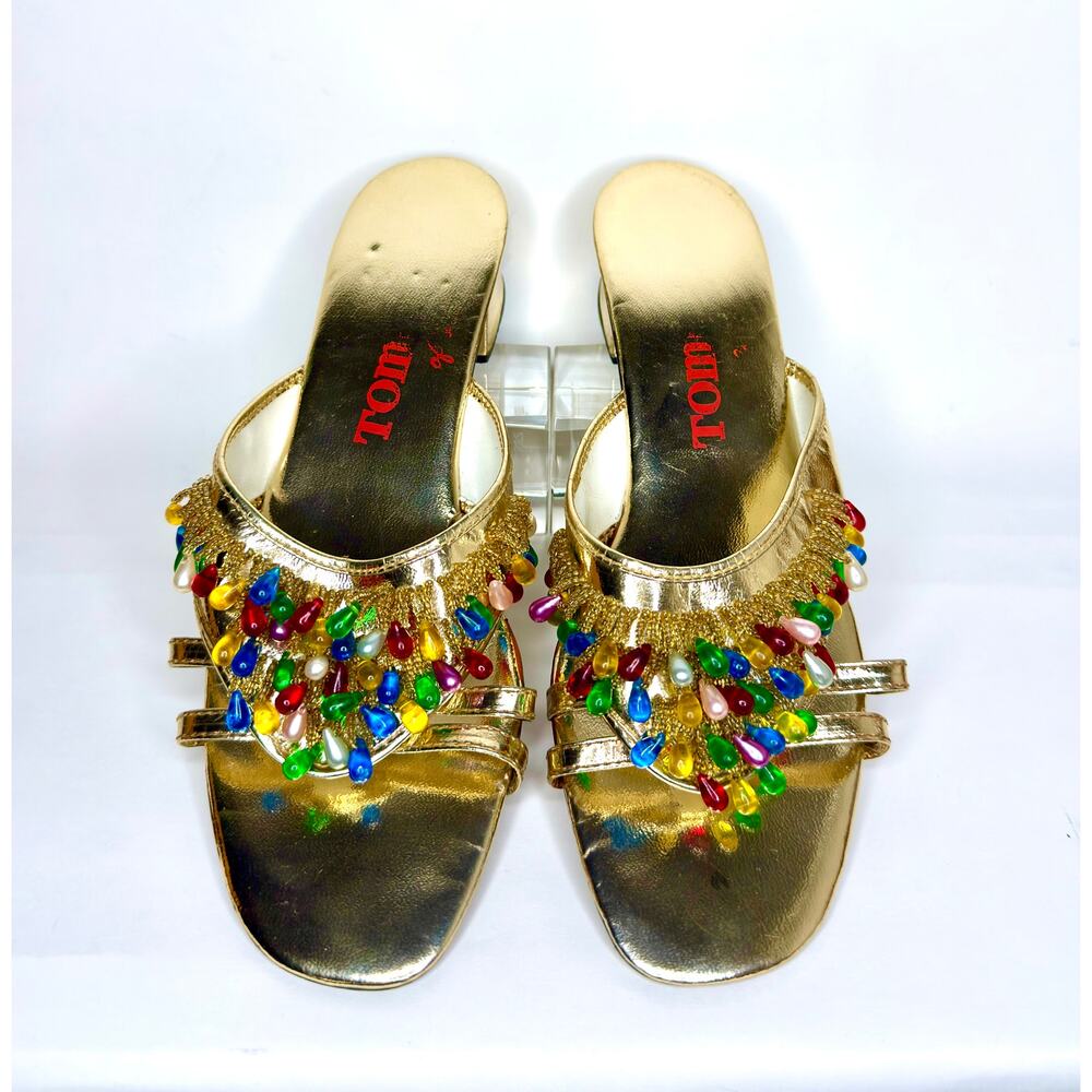 Vintage 60's Tommie Of Hawaii Rainbow Beaded Kitten Heel Sandals